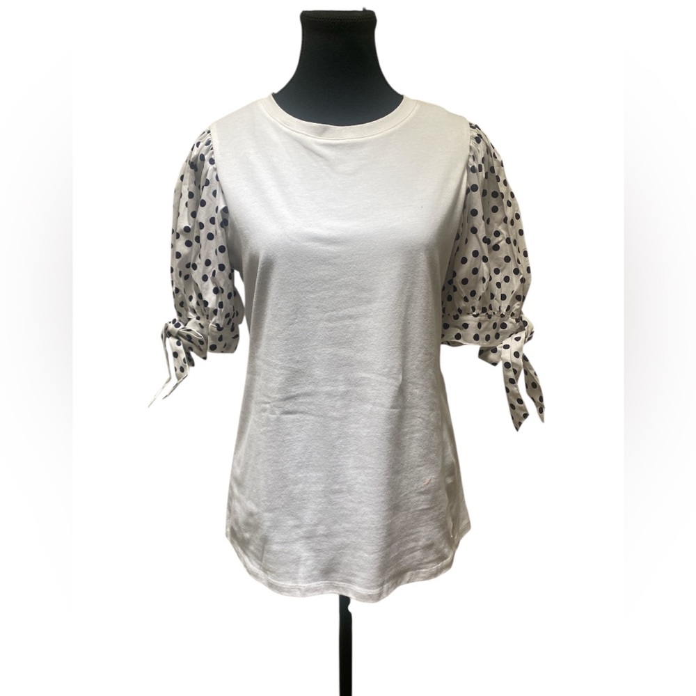 Anne Klein White Blouse with Black Polka Dot Sleeves NWT S